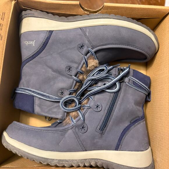 Jambu Denali Waterproof Boots 8 Blue NWT Faux Fur Ankle Booties Snow Winter Lace - Picture 8 of 8